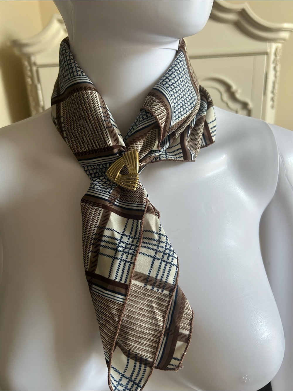 Silk-Feel Brown Plaid Men's Neck Scarf with Gold Accent